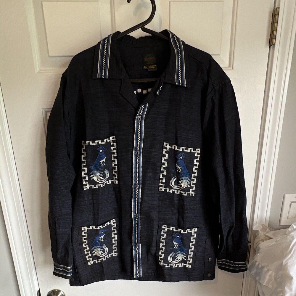 Vintage Guatemalan Embroidered Shirt Mayan Bird Design Cotton XL